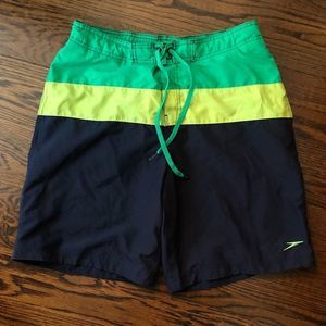 SPEEDO Mens Rugby Stripe Green Navy Blue Yellow Swim Trunks With Lining Sz Med.
